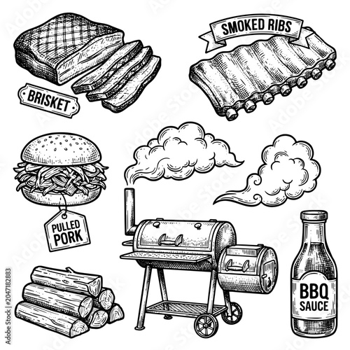 Smoked Barbecue Food Doodle Set Black and White Vector