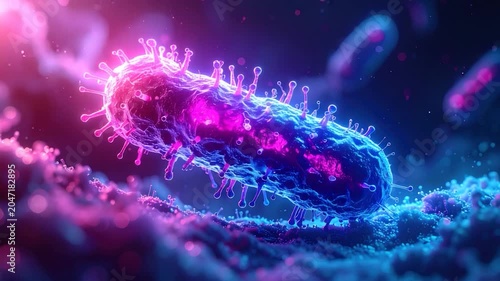 A vibrant, microscopic depiction of a biological organism, glowing with light