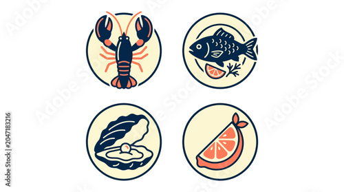 Seafood icons with lobster fish oyster.