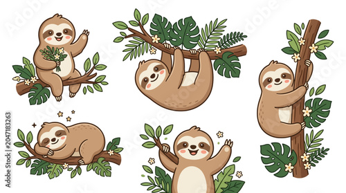 Cute Sloth Hanging from Tree Branches.
