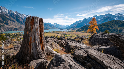 A vertical outdoor landscape captured with a shallow depth of field. a large, weathered tree stump with distinct wood grain in shades of brown. Ai generated