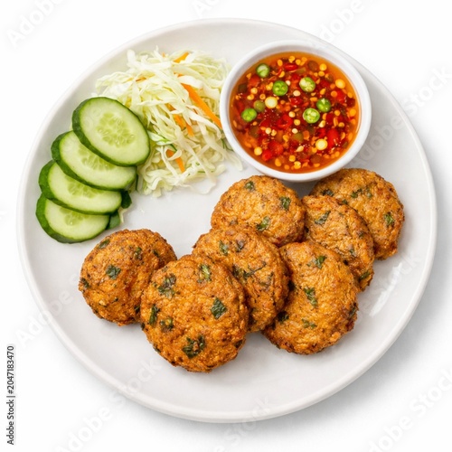 Authentic Thai fish cakes (Tod Mun Pla) served with spicy dipping sauce, sliced cucumber, and shredded cabbage, isolated on a white background.