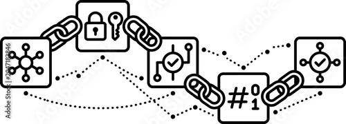 Blockchain technology line icon concept, decentralized network nodes connected by chains, secure digital ledger system, cryptography, smart contracts, data verification graphic vector illustration 