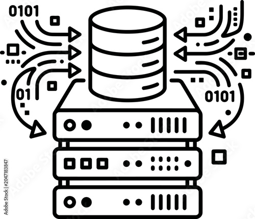 Black and white outline illustration of a computer server rack, and database cylinder, with data flow arrows, and binary code, on a white background.