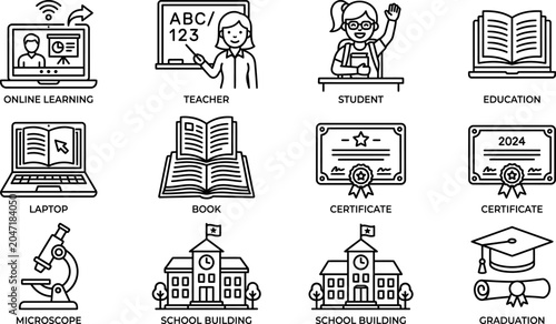 Education, school, and online learning vector icon set, featuring teacher, student, book, laptop, diploma certificate, microscope, school building, and graduation cap on white background.