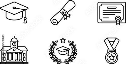 Minimalist line art vector icon set of university education, featuring graduation cap, rolled diploma, degree certificate, school building, laurel wreath, and academic achievement medal.