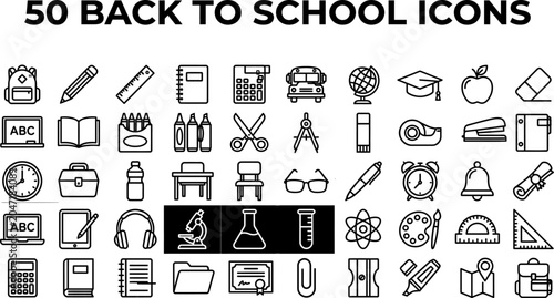 Fifty back to school black and white outline vector icons set featuring editable stroke professional education supplies isolated on a solid white background design.