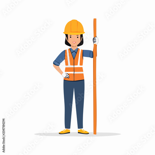 Female construction worker with safety gear and measuring rod