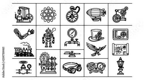 Bild auf Leinwand Steampunk icons, industrial revolution symbols, 20 mechanical illustrations, bla