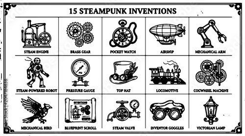 Fotografía Steampunk inventions, industrial revolution, sci-fi, 15 icons set, vector graphi