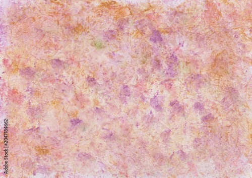 A watercolor painting created with dabs of watercolors in violet, ochre and shades of red