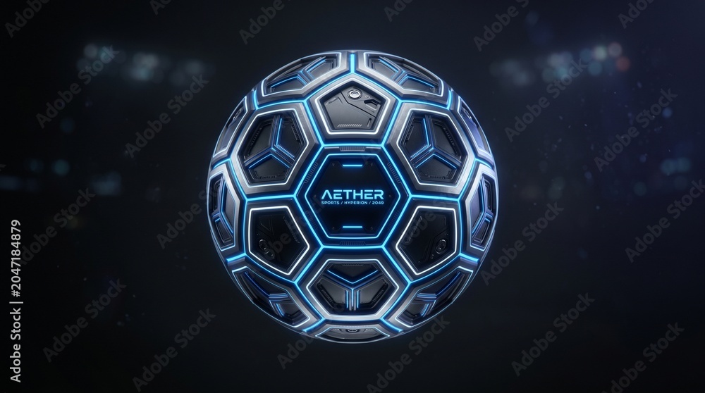 Naklejka premium Futuristic Soccer Ball Glowing in Dark Space