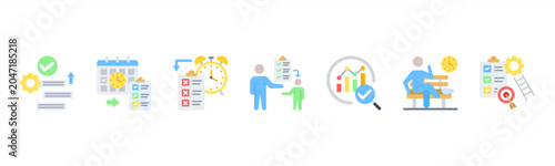 Obraz na plátne Time Management icon set includes Prioritization, Scheduling, Deadlines, Task Delegation, Progress Tracking, Breaks, and Goal Setting for optimal productivity