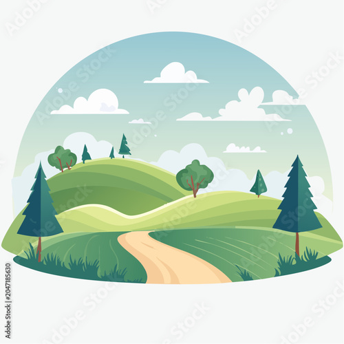 Stylized Landscape with Rolling Hills, Trees, and a Winding Path