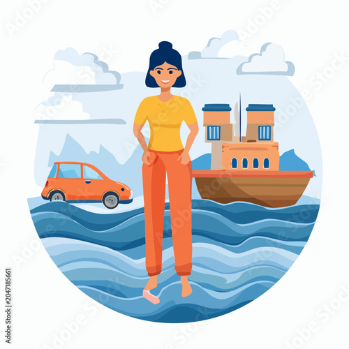 Woman with car and boat on water