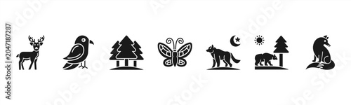Bild auf Leinwand Nature and wildlife icons featuring Deer, Bird, Tree, Butterfly, Wolf, Bear, Fox for nature themes