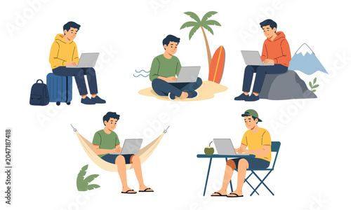 Slika na platnu Flat vector illustration of digital nomads working on laptops in different travel locations including beach, mountains, hammock, outdoor cafe and airport