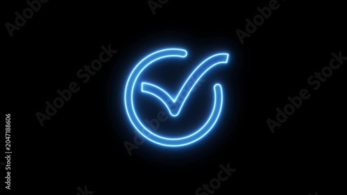 Glowing blue neon checkmark animation on black background, for success and, approval concepts