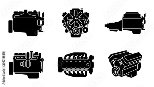 Obraz na płótnie Automotive Engine Icons, V8 Motor Silhouettes, Mechanical Power Units, Vehicle C