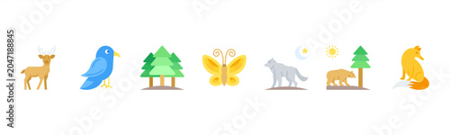 Konstfotografi Nature and wildlife icons featuring Deer, Bird, Tree, Butterfly, Wolf, Bear, Fox for nature themes