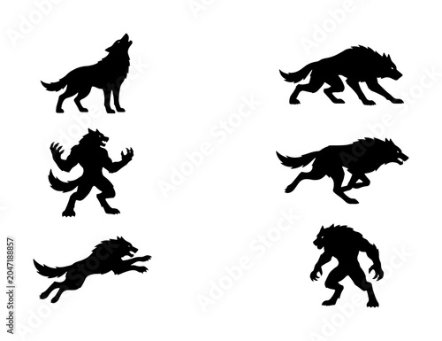 Tablou pe pânză Werewolf Silhouettes: Mythical Creature Poses, Dark Fantasy Vector Icons, Hallow