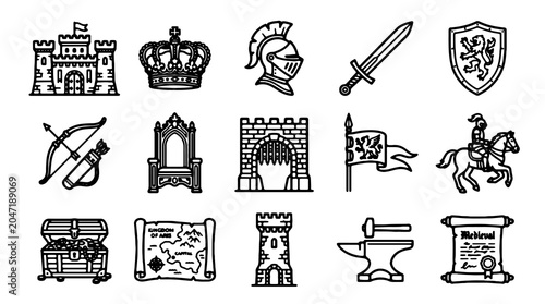 Tablou pe pânză Medieval, vintage icons set, 13 black and white illustrations, castle, knight, s