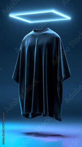 Dark blue pinstripe suit jacket on hanger against blue background.