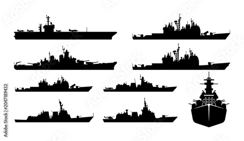 Εκτύπωση καμβά Naval Warship Silhouettes, Military Fleet Icons, Battleship Vector Collection, M