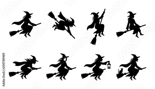 Bild auf Leinwand Witch Silhouette Collection: Flying Broomstick Icons, Halloween Magic, Spooky Ni
