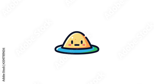 Small sand mound character floating in blue water