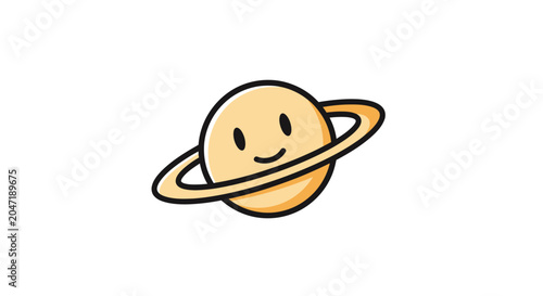 Smiling cartoon Saturn planet with rings icon.