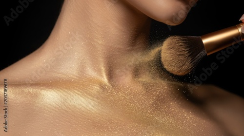 A close-up of a neck and shoulder with golden shimmer powder being applied with a makeup brush.
