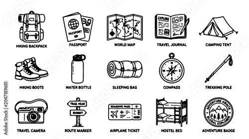 Tableau sur toile Travel icons, adventure symbols, hiking and camping graphics, 16 outline illustr