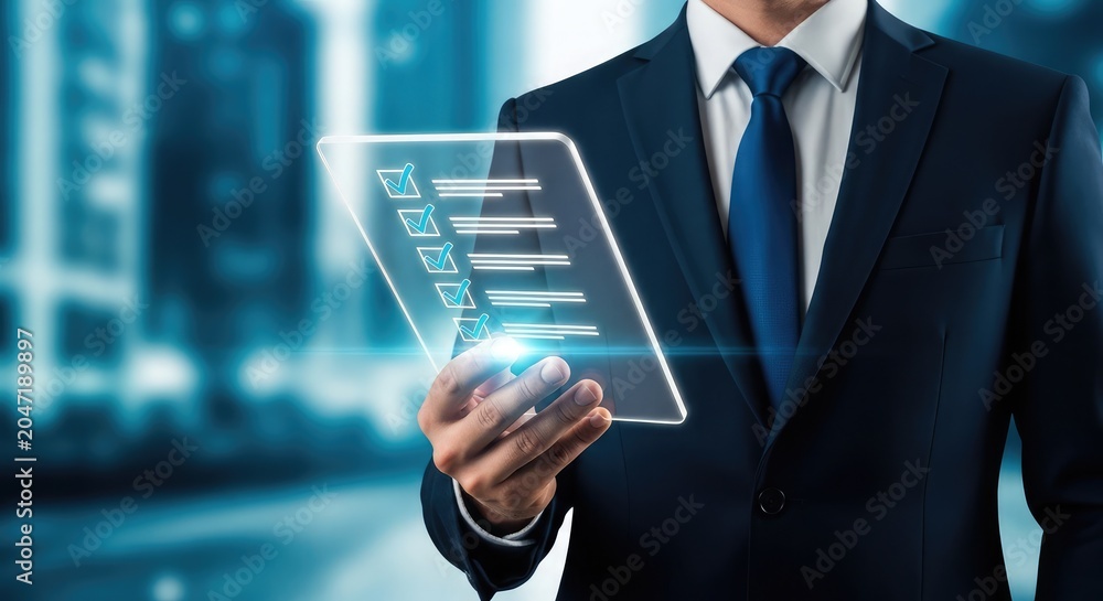 Fototapeta premium Business professional presenting a glowing digital tablet with financial data charts in a modern office