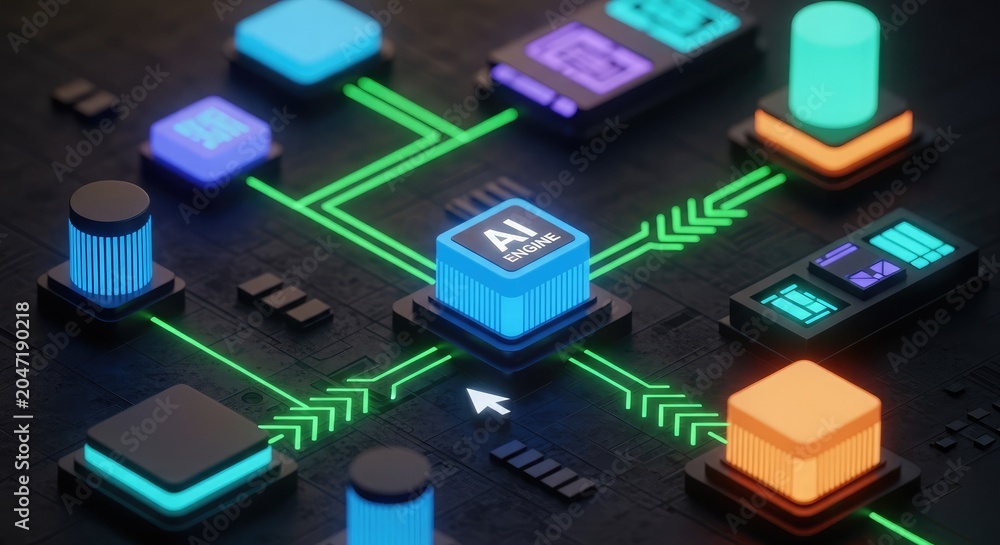 Fototapeta premium Artificial intelligence network concept with glowing connections and central processing unit