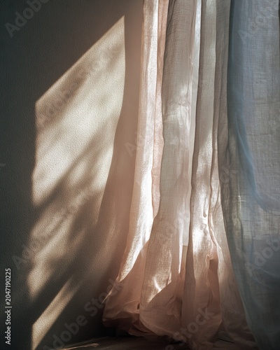 Soft sunlight through linen curtains creating peaceful atmosphere. Natural sunlight filtering through linen curtains creating gentle shadows and a calm interior mood. Concept of tranquility