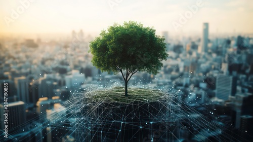 A single tree stands tall on a digital network, representing the importance of nature in an urban environment.