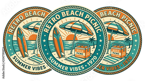 Retro Beach Picnic Badges Summer.