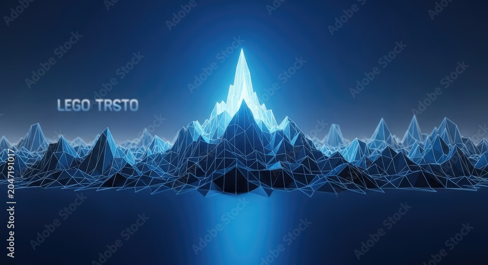 Naklejka premium Glowing blue polygon mountain landscape with lego trsto text