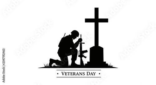 Fotografija Soldier kneeling by grave on veterans day with cross and rifle silhouette