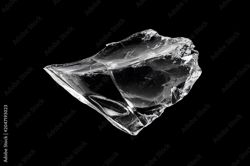 Naklejka premium Flying broken glass shards isolated on a black background, with sharp transparent fragments, glossy reflections, and dramatic studio lighting.