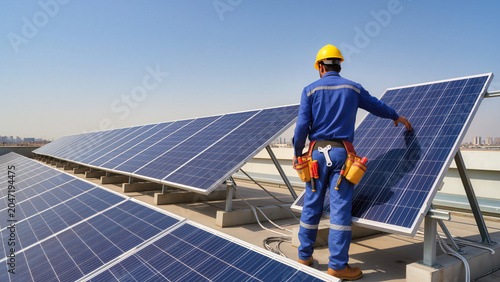 Obraz na płótnie Solar panel installation and maintenance by professional technicians