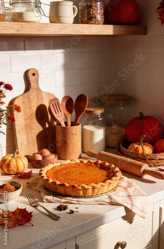 Freshly baked homemade pumpkin pie on kitchen counter with autumn squashes and baking tools for Thanksgiving holiday food celebration