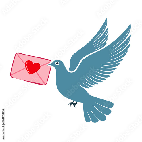Blue dove carrying a pink envelope with a red heart