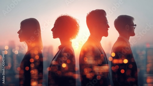 Diverse business professionals silhouetted against a vibrant sunset cityscape, symbolizing teamwork and ambition