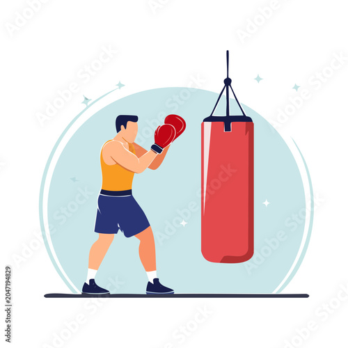 Boxer training with punching bag in flat design style