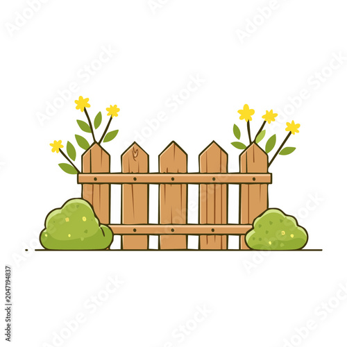 Cartoon wooden fence with bushes and yellow flowers