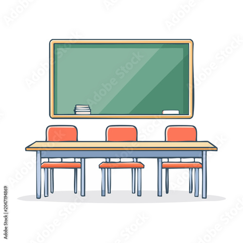Classroom with blackboard, desk, and chairs