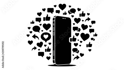 Social Media Engagement Concept – Black Silhouette Vector of Smartphone Surrounded by Likes, Comments, Hearts and Share Symbols