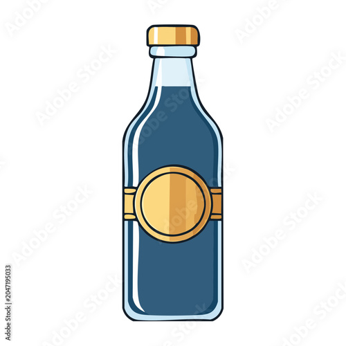 Flat design illustration of a blue bottle with a gold label